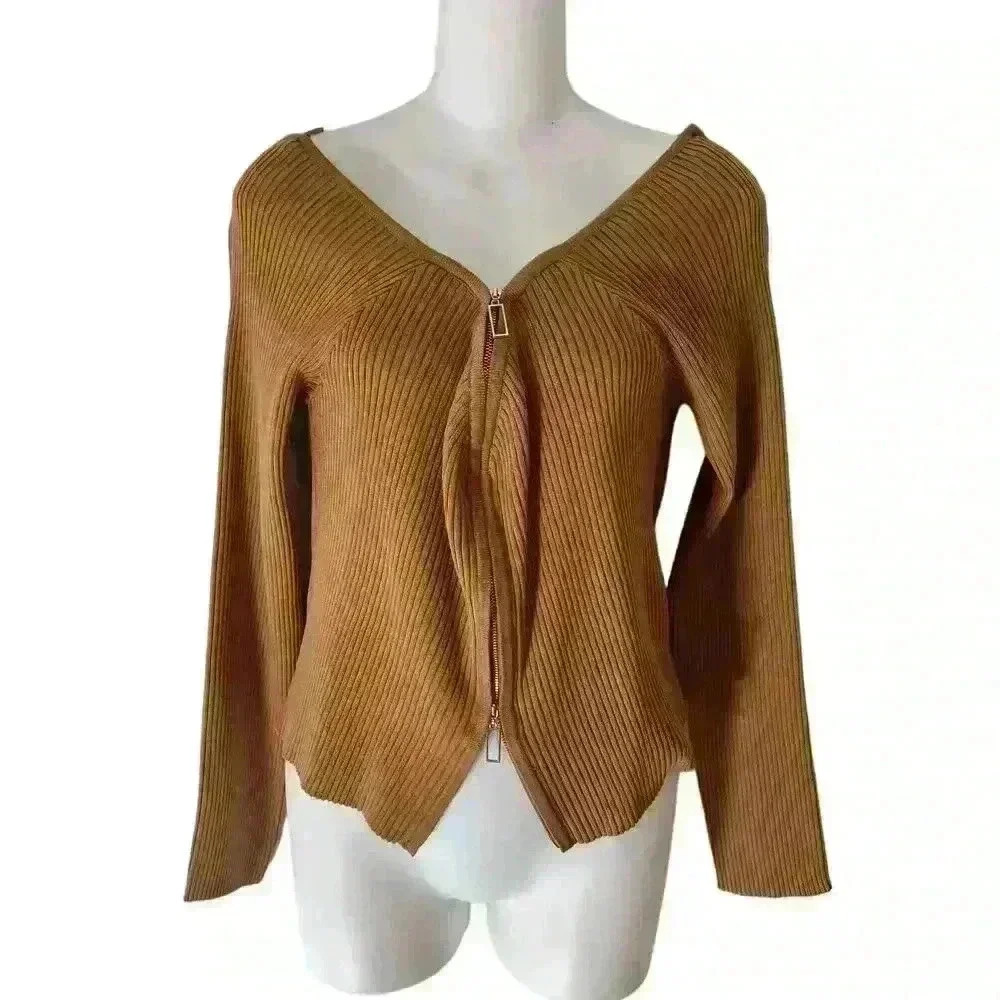 Talent Ribbed Knit Zip Cropped Top Sweater Tan Size 3XL NWOT